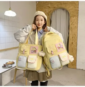 Cute dopamine color matching school backpack and tote bag set for students, stylish canvas.