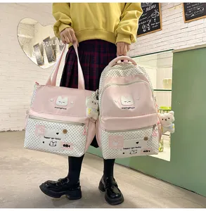 Set zaino e borsa a pois rosa per studentesse, stile carino con ricamo di gatto e grazioso ciondolo.