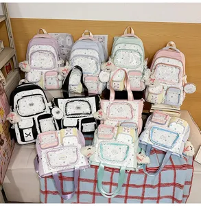 Kawaii color-blocking student backpack and tote bag set with star print and transparent pockets.