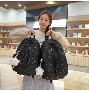 Spring new Korean style sweet starry women backpack detail, stylish daily travel school bag.