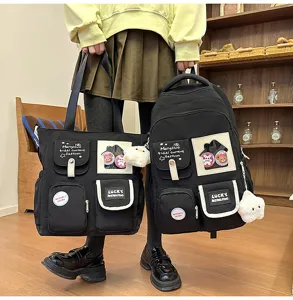 Black canvas school backpack and tote bag set for students, cute pins and spacious pockets.