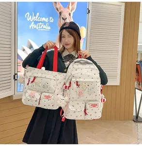 Korean style star print school backpack set with cute plush charms, sweet student bookbag.