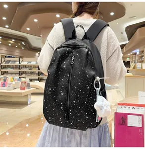 Sweet star print school backpack for women, Korean style casual daypack for travel and daily use.