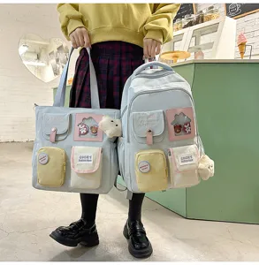 Colorblock School Backpack Two-Piece Set Student Bookbag with Cute Bear Pendants.