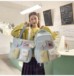 Student backpack tote bag set cute canvas school bags with multi pockets and pins for girls
