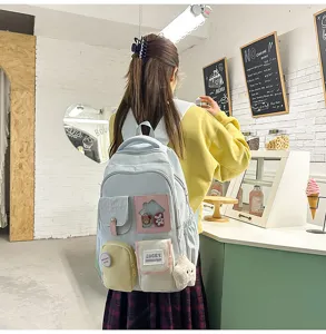 Aesthetic pastel colorblock student backpack with multiple pockets cute charms for daily use