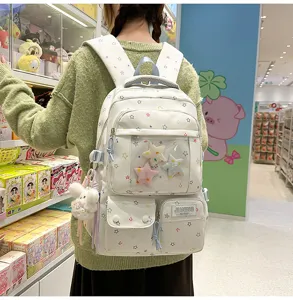 Korean ins style cute colorful star print school backpack for students with transparent pocket.