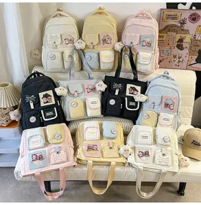 Colorful dopamine style student backpack set with cute bear patches and multi pockets.