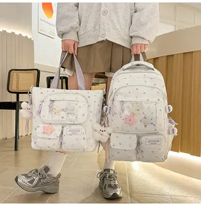 Korean style sweet star print school bag and tote bag set, cute student backpack detail.