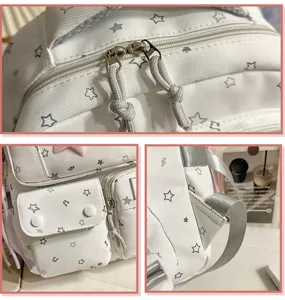Backpack detail view showing smooth zippers, star prints, and functional pockets clearly.