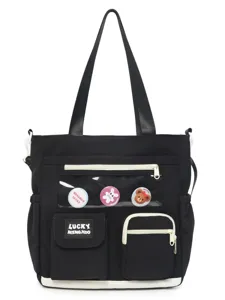 Borsa a tracolla casual in tela con finestra trasparente, spille carine e tasche utili.