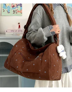 Brown corduroy polka dot shoulder bag, vintage large capacity crossbody bag for women.