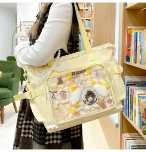 Japanese sweet cute bow ita bag tote with clear window for anime badges and kawaii use.