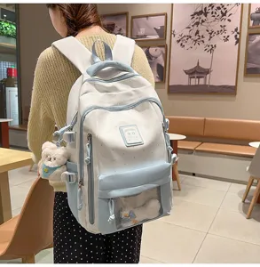 Detail shot of a sweet style ita backpack with cute bear pendant and clear pocket view.