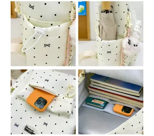 Japanese style cute polka dot school backpack detail view showing large capacity and multi pockets