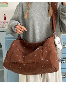 Vintage brown corduroy shoulder bag, cute polka dot crossbody bag for women autumn daily style.