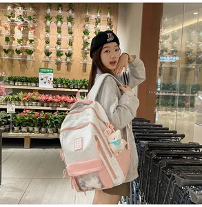 Detail view of the sweet aesthetic pink school backpack with transparent display window.