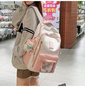 Korean style sweet large capacity pink ita bag with transparent window and cute bear pendant.