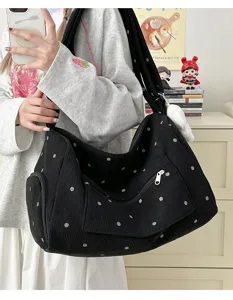 Retro black polka dot corduroy shoulder bag for women, large capacity casual daily tote bag.