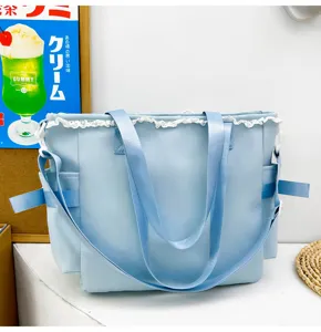 Sweet Japanese style blue ita tote bag with lace trim, perfect for cute anime fans and daily use.