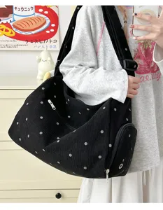 Retro corduroy polka dot shoulder bag, large capacity tote and crossbody for women.