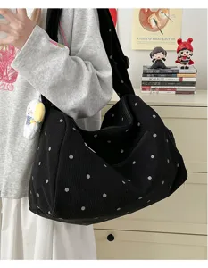 Retro black corduroy shoulder bag, casual large capacity crossbody tote with polka dots.