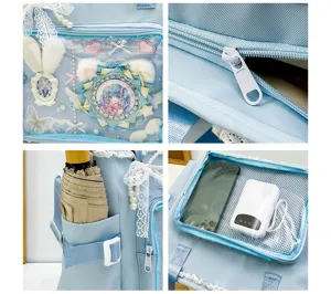 Detailed view of Japanese sweet lolita ita bag tote with clear window and lace decor.