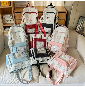 Cute Japanese ita bag set, polka dot canvas backpack and tote bag with clear display window.