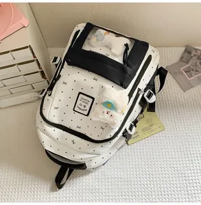 Korean ins style cute pain backpack with transparent window, large capacity, white polka dots.