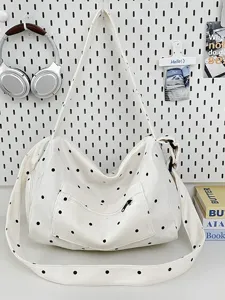 Vintage white polka dot corduroy shoulder bag, large capacity casual crossbody tote for women.