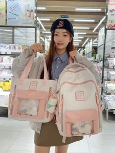 Korean style pink white canvas ita bag large capacity backpack cute clear window tote bag