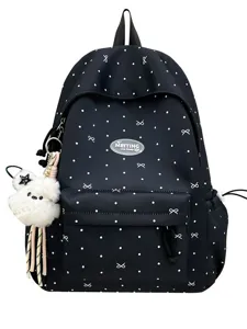 Japanese style minimalist polka dot backpack for school students with cute plush pendant.