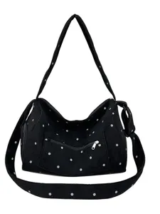Retro black corduroy shoulder bag for women, vintage casual large capacity crossbody bag.