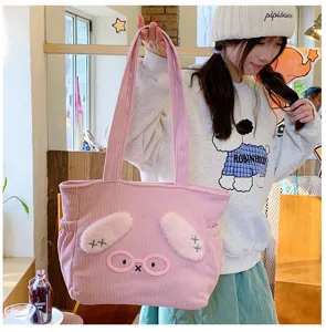 Cute pink corduroy tote bag with bunny ears and glasses, perfect lunch bag for women.