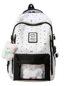 Sweet style cute polka dot canvas backpack with transparent pocket and plush bear.