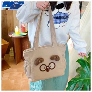 Cute corduroy tote bag with bear face design, casual daily lunch handbag and stylish purse.