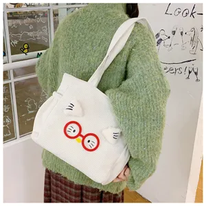 Cute corduroy tote bag with cat ears and glasses, casual shoulder handbag for daily use.