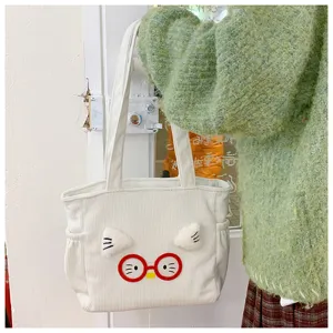 Japanese ins cute cartoon lunch bag white corduroy tote handbag for women and girls daily use