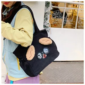 Japanese style cute cartoon corduroy lunch bag handbag with fluffy ears and glasses design.