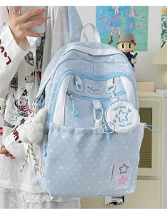 Sweet star print canvas backpack for students, cute casual school bookbag with plush charm.