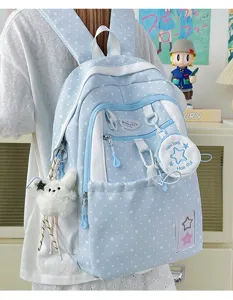Lightweight blue star print school backpack with cute plush rabbit pendant and mini pouch.