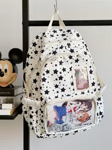 Sweet Japanese style star print ita backpack with clear front pocket for daily school use.