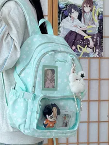 Cute pastel blue star ita backpack with transparent window and plush charms for school teens