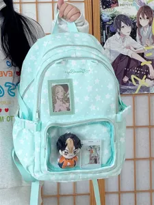 Cute Japanese style star print ita backpack with clear window pocket for pins and plushies.