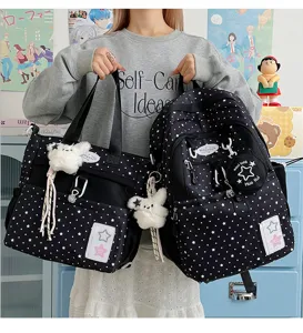 Japanese style black star print canvas backpack and tote bag set for students daily use.