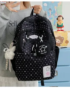 Black star print school backpack casual daypack with cute coin pouch for students daily use.