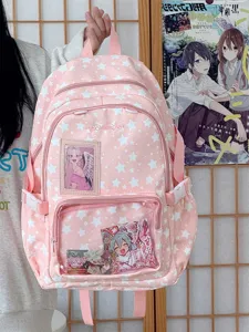 Pink star ita bag with clear window for pins and cute anime design, ideal for daily school.