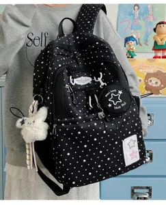 Black star print canvas backpack with cute mini pouch and pendant, stylish daily school bag.