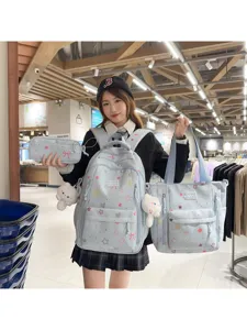 Cute pastel blue school backpack set with tote bag and pencil case for student daily commute