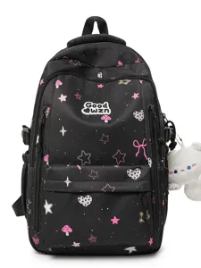 Cute college style black backpack with pink stars and hearts, lightweight student daily bag.